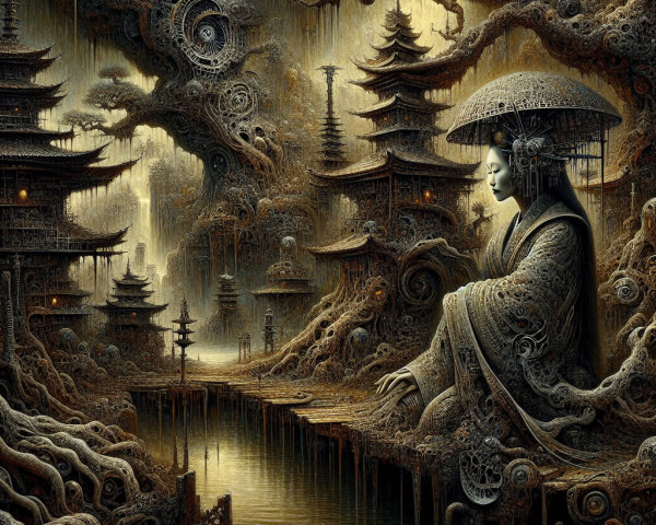 Surreal Landscape with Organic Forms and Architecture