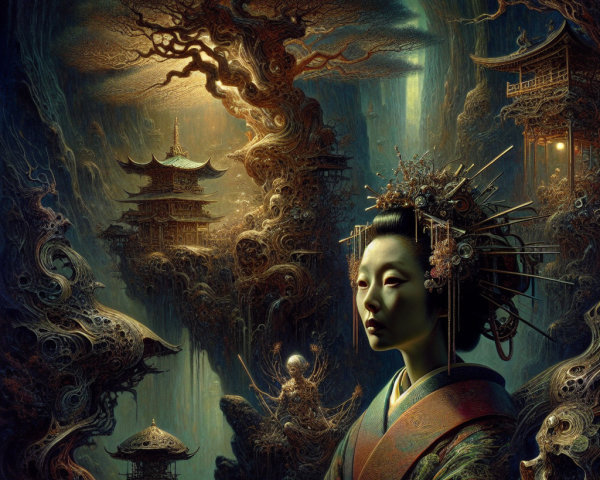 Serene Figure in Traditional Attire in Mystical Landscape