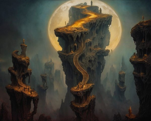 Surreal Landscape with Towering Rock Formations and Moon