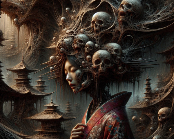 Surreal Landscape with Woman in Kimono and Skulls