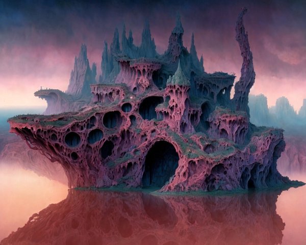 Surreal Landscape with Vibrant Rock Formation and Reflection