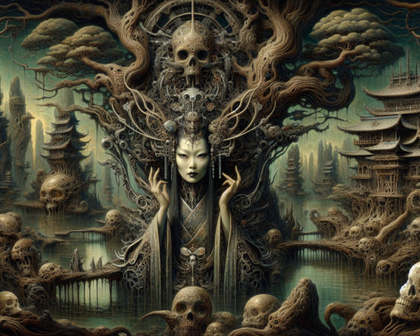 Surreal Landscape with Ghostly Figure and Eerie Elements