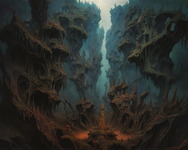 Surreal Landscape with Twisted Rock Formations and Light