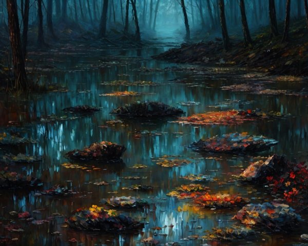Misty Forest Reflection on Dark Waterway with Leaves