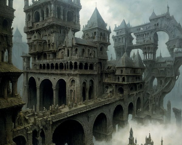 Gothic Landscape with Castles and Elevated Walkways