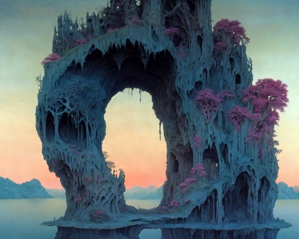 Surreal Landscape with Towering Rock Formation and Foliage