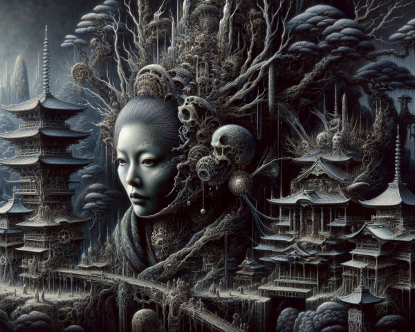 Surreal Landscape with Ethereal Face and Pagodas
