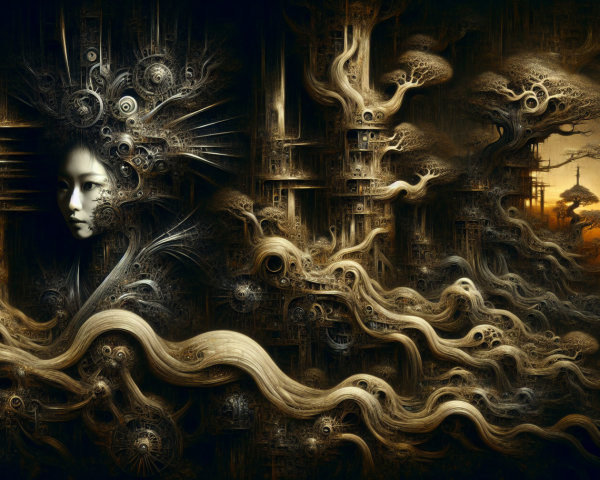 Surreal Dark Fantasy Landscape with Organic and Mechanical Elements