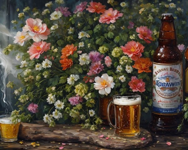 Vibrant Flowers and Beer in a Scenic Nature Setting