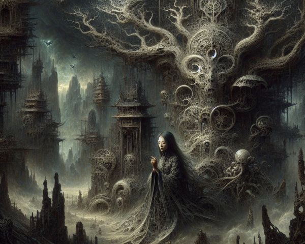 Lone Figure by Ancient Tree in Surreal Landscape