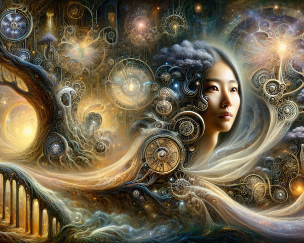 Surreal Cosmic Landscape with Woman's Face and Light