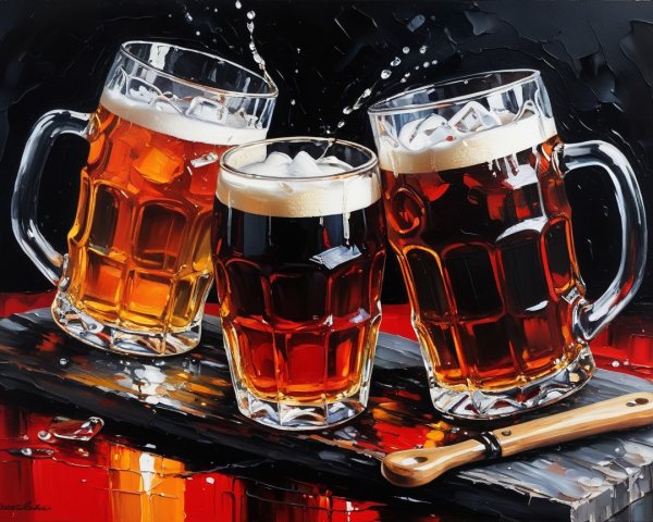 Three Frosty Beer Mugs with Different Brews on Plank