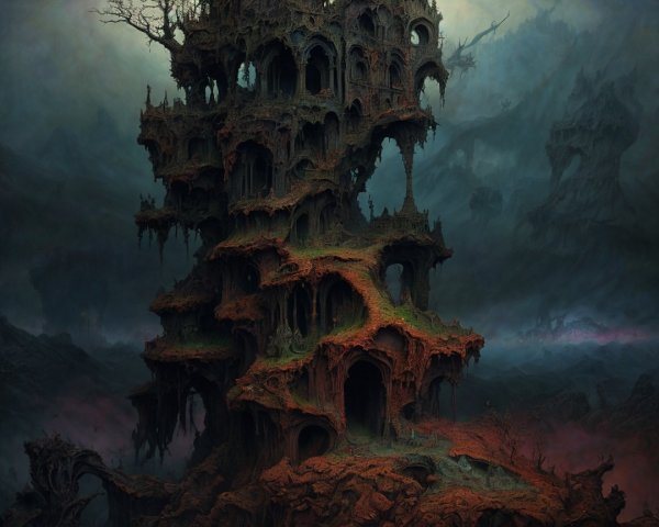 Surreal Landscape with Twisted Fortress Structure