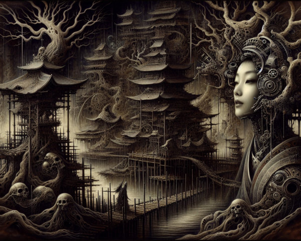 Surreal Landscape with Asian Architecture and Fantasy Elements