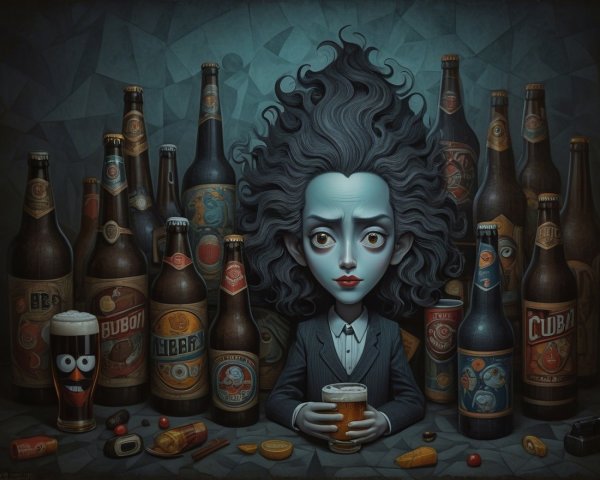 Stylized Figure with Beer Bottles at a Dark Table