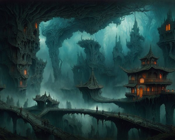 Surreal Landscape with Twisted Trees and Gothic Structures