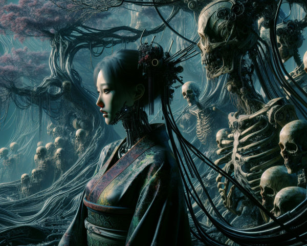 Surreal Landscape with Traditional Figure and Skeletons
