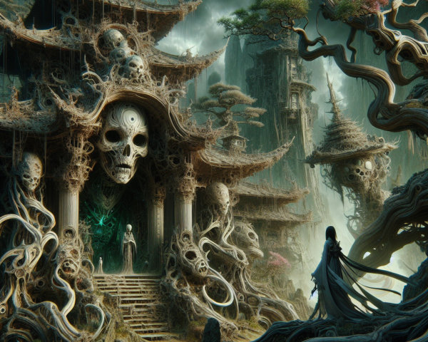Surreal Landscape with Gothic Structure and Cloaked Figure