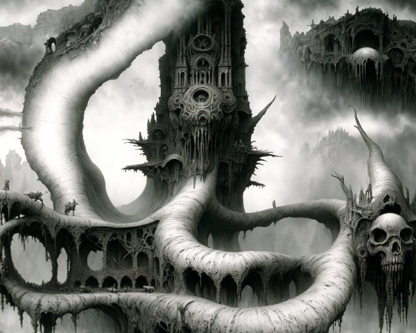 Surreal Dark Landscape with Twisting Skeletal Structure