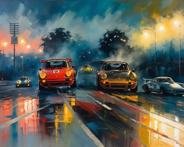 Nighttime Race with Sports Cars on Rain-Slicked Track