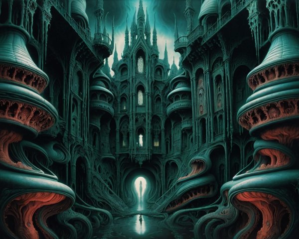 Surreal Dark Landscape with Gothic Structures and Figure
