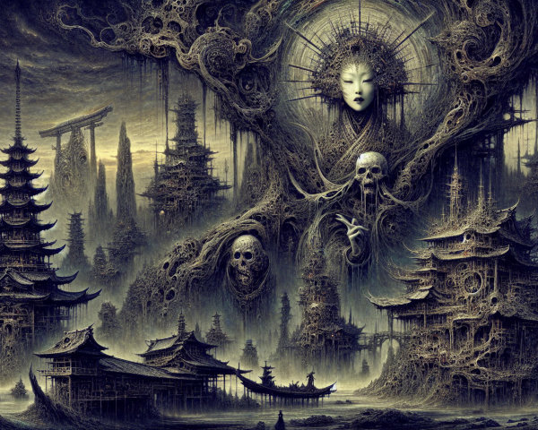 Surreal Gothic Landscape with Nature and Haunting Figures