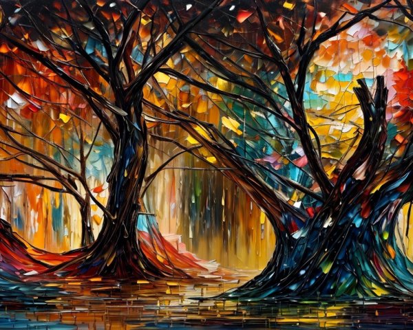 Vibrant Abstract Landscape with Twisted Trees and Water