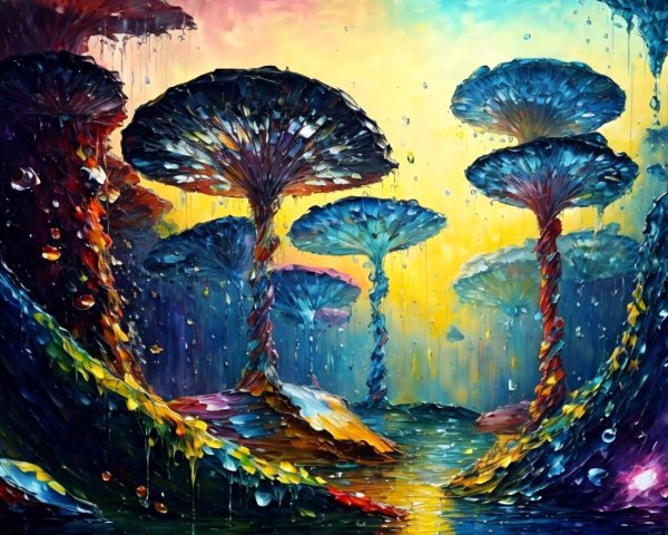 Vibrant Dreamlike Landscape with Colorful Mushrooms