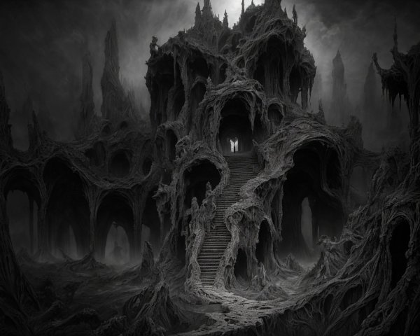 Surreal Dark Landscape with Twisted Castle Structure