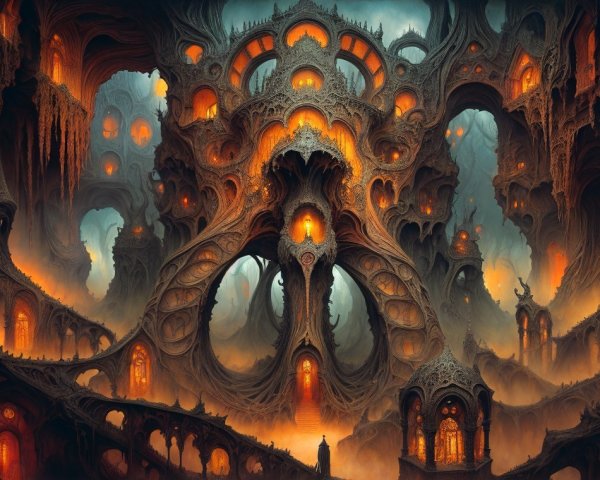 Gothic Cavern with Fiery Lights and Organic Shapes