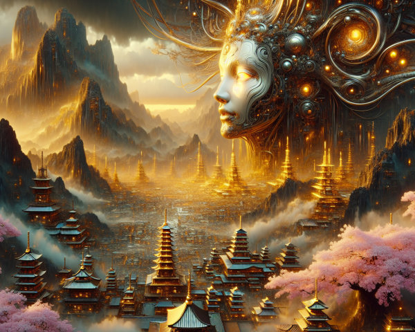Sci-fi landscape with ancient Asia-inspired elements