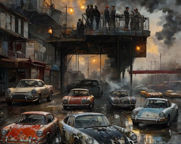 Vintage Cars in Rainy Urban Scene with Gritty Atmosphere
