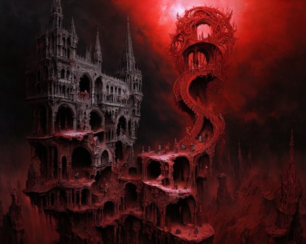 Dark Fantasy Landscape with Twisted Spire and Gothic Elements