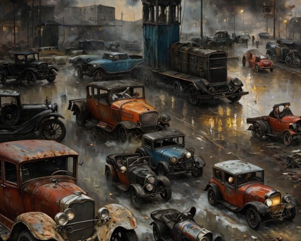 Vintage City Street with Early 20th Century Cars