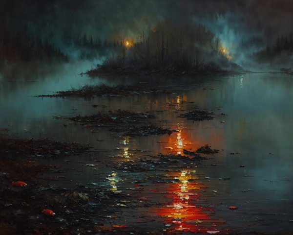 Misty Twilight Lakescape with Reflective Water