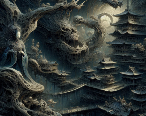 Surreal landscape with organic structures and pagodas