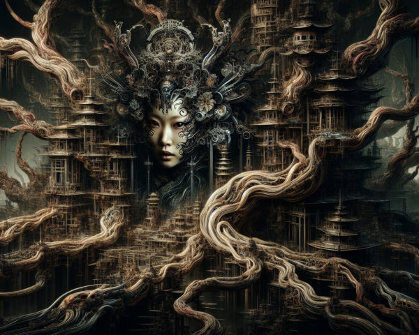 Dark Fantasy Art Featuring East Asian Woman and Cityscape