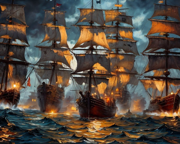 Dramatic Naval Scene with Grand Sailing Ships