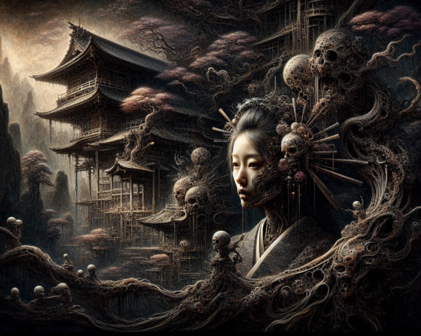 Ethereal Figure Amidst Chaos and Ancient Architecture