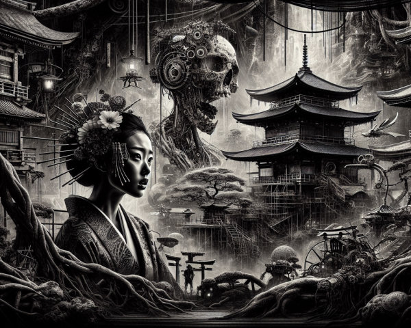 Monochromatic Cyberpunk Japanese Landscape Digital Art