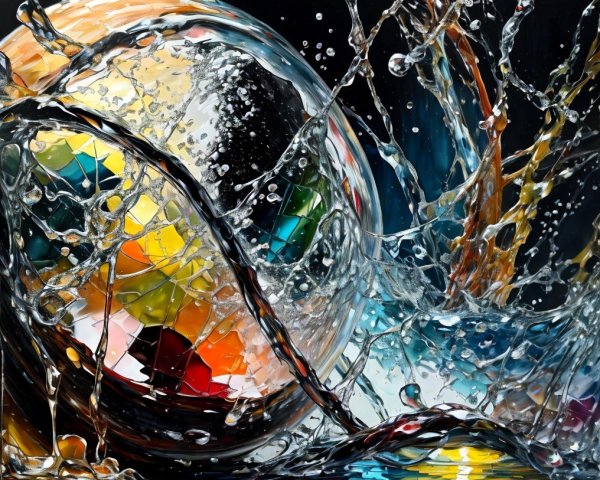 Vibrant Abstract Composition with Reflective Sphere and Water