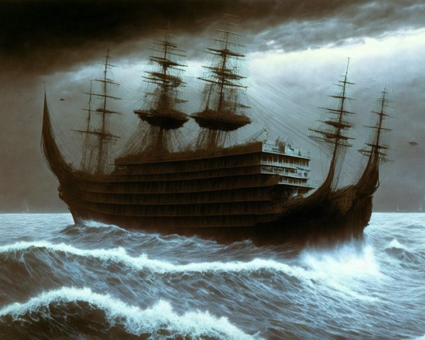 Majestic sailing ship amidst stormy waves and clouds