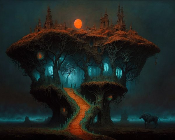 Mystical Landscape with Gnarled Tree and Ancient Architecture