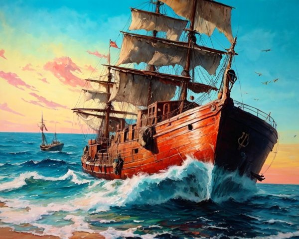 Wooden Ship Sailing in Vibrant Blue Waters at Sunset