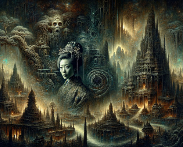 Surreal and Mystical Landscape with Ethereal Figure