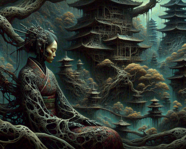 Serene Figure in Traditional Attire in Ethereal Landscape