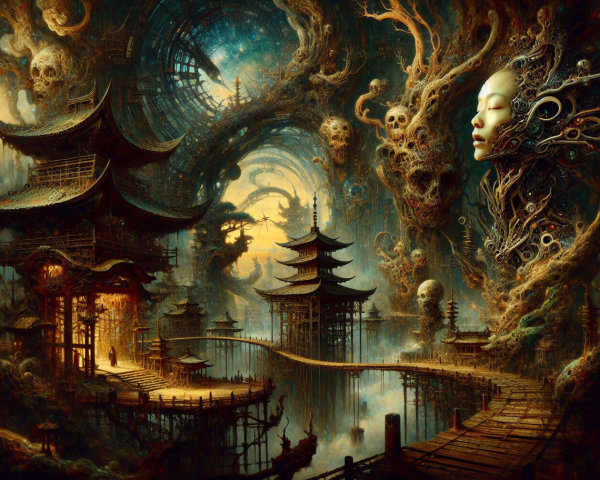 Surreal Landscape of Ancient Architecture and Ethereal Forms