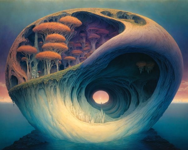 Surreal Landscape with Organic Shell and Vibrant Trees