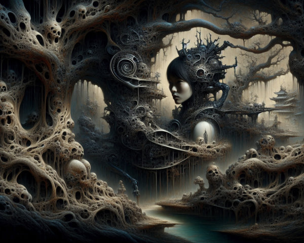 Surreal Landscape with Organic Forms and Female Visage