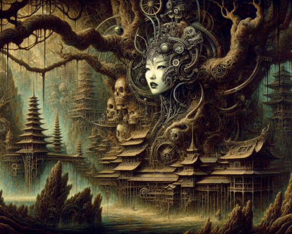 Surreal Landscape with Mechanical Figure and Nature